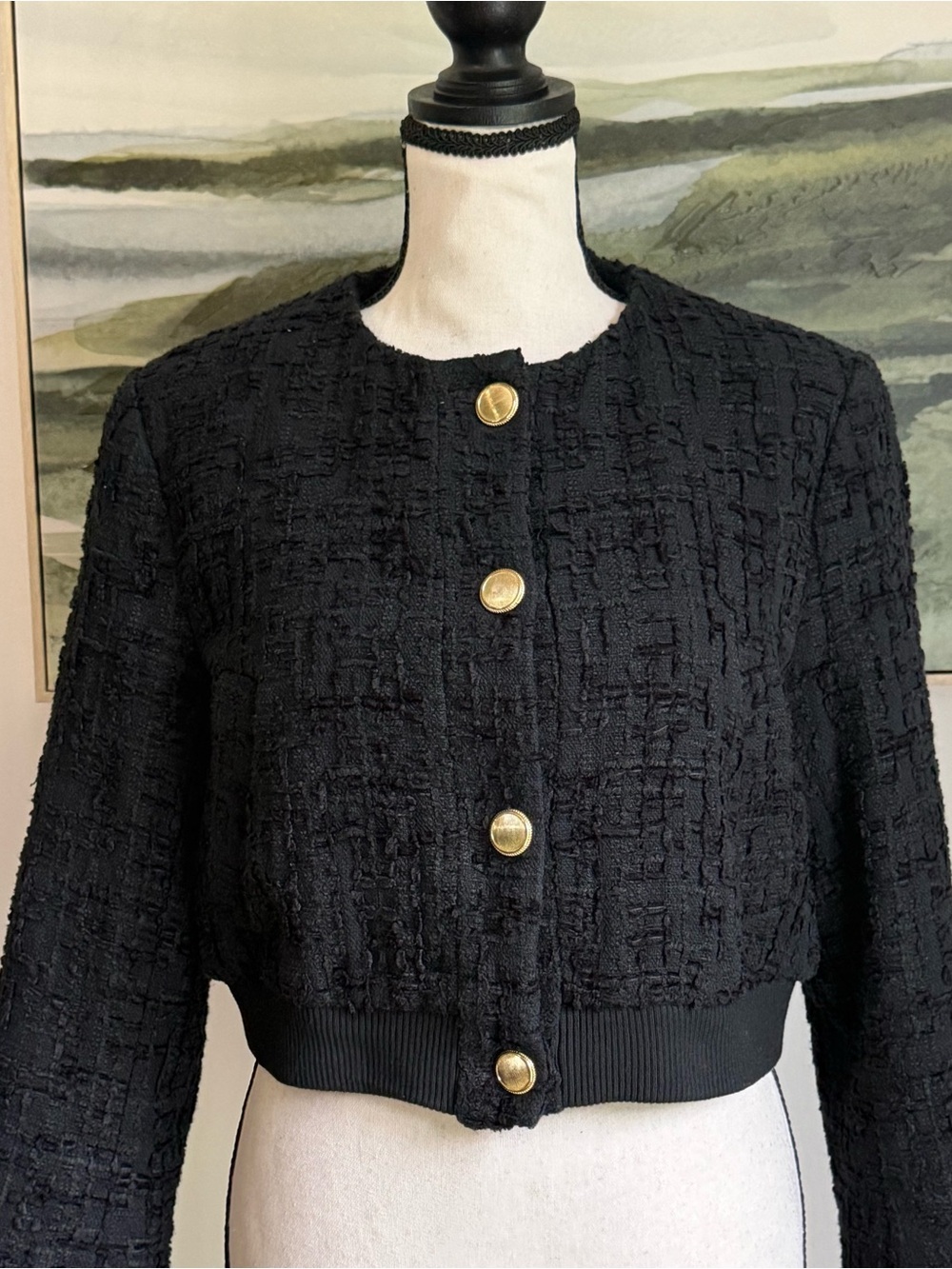 Zara Black Textured Cropped Jacket with Gold Buttons